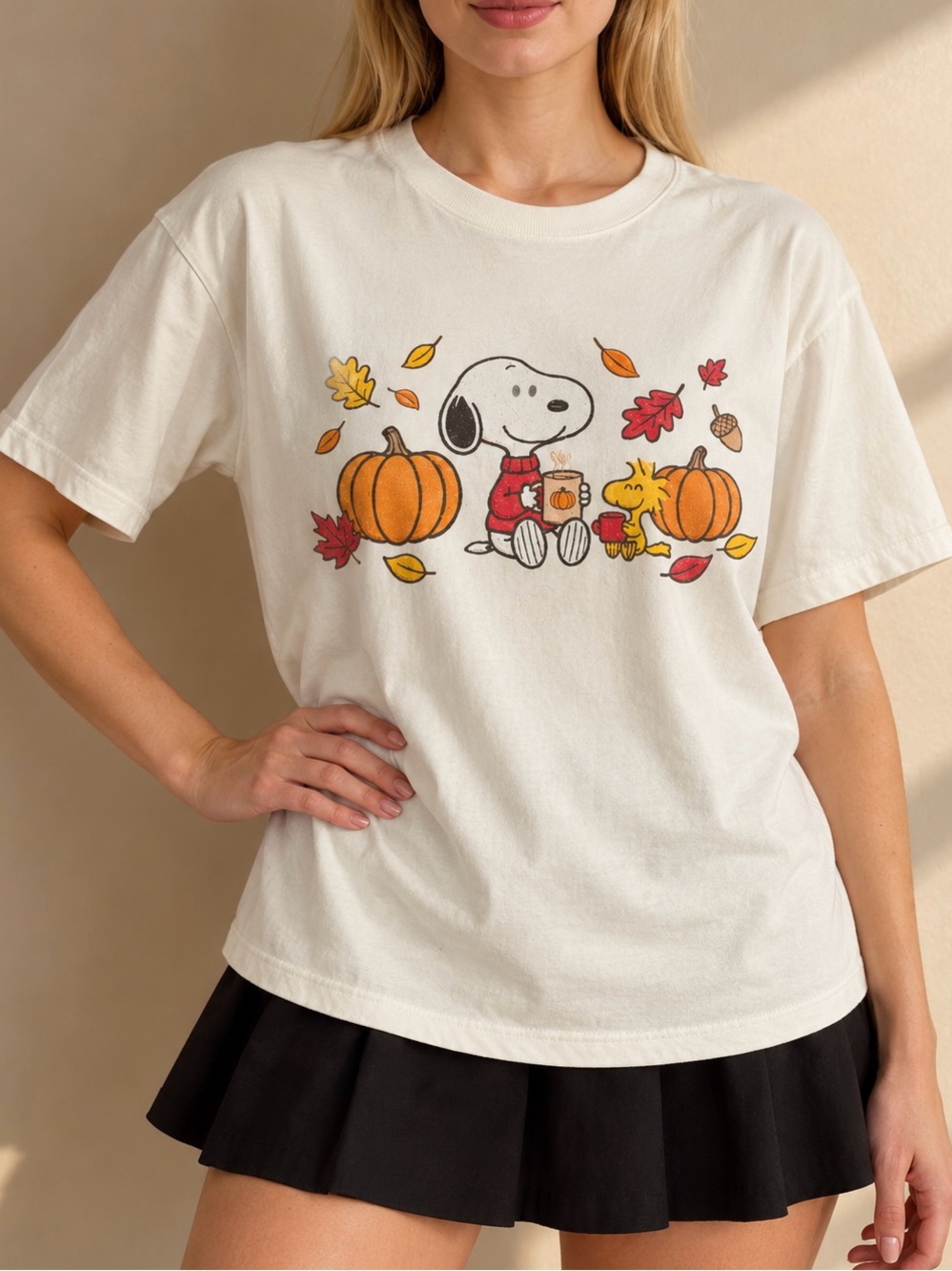 Peanuts Snoopy Fall Pumpkins Leaves Cream Cozy Autumn Aesthetic Gildan Tee